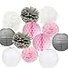 Produktbild Pompoms Deko Furuix 15 Stück rosa grau weiß Party Deko-Set Seidenpapier Pom Pom Honeycomb Ball für Bridal Dusche Mädchen Geburtstag Hochzeit Dekoration Rosa Baby Dusche Raum Dekoration Partyzubehör