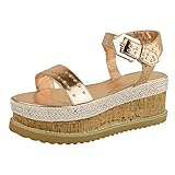 Obermaterial: Pu iYmitz Sommer Damen Flach Keilsandalen Freizeit Sandalen Keilsandaletten Keilabsatz Bequem Frauen Mode Sommerschuh(Gold,EU/40)