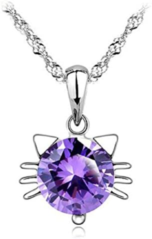 Cute Cat Kitty Head Pendant Necklace for Girls Women Kids,18" Chain,Purple Cubic Zirconia, Synthetic June Birthstone Mother's Day Gifts