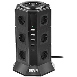 BEVA Tour Multiprise Parasurtenseur Parafoudre avec 12 Prises EU et 5 Prise USB 5V 4.5A, la Prise Multi de 2500W/10A avec Interrupteur, Protection Contre Surcharges et Surtensions, Cordon de 2m