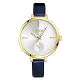 Sonew Frauen Armbanduhr Quarz analoge Uhr Runder Vorwahlknopf PU Lederner Bügel Legierungs Kasten Edle Elegante Einfache Klassische Armbanduhr für Weibliche Dame Girl(Blue)