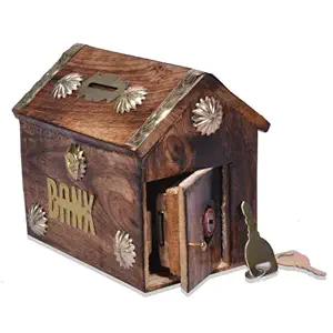 Money Bank with Lock | Wooden Piggy Bank for Boys, Girls & Adults | Undiyal Box | Coin Saving Box (Hut Shape - 5.5*6 Inch)