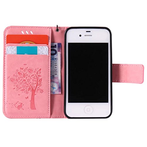 iPhone 4/4S Hülle Rosa im Retro Wallet Design,Cozy Hut iPhone 4/4S Hülle Leadertasche Premium Lederhülle Flip Case im Bookstyle Folio Cover Kartenfächer Magnetverschluss und Standfunktion Leder Schale Etui für iPhone 4/4S (3,5 Zoll) Handytasche Schutzhülle Katzen und Bäume Muster – rosa - 3