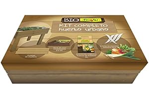 Flower - Kit Completo de Huerto Urbano Bioflower | Incluye Humus de Lombriz y Fibra de Coco | con 4 Patas de Madera y Tiras de Semillas para Siembra Fácil, Multicolor, Medio, Madera