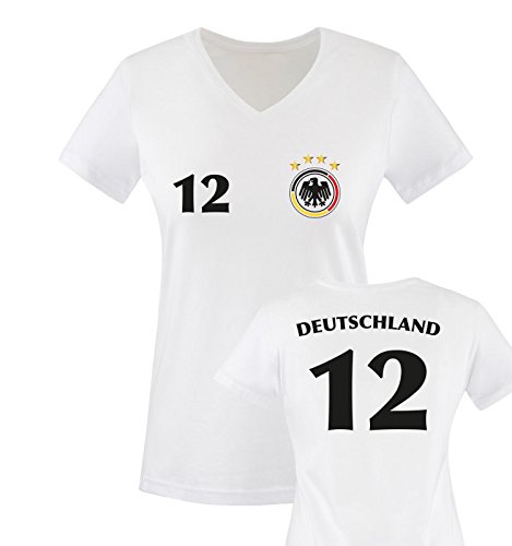 EM 2016 – TRIKOT – DEUTSCHLAND – 12 – Damen V-Neck T-Shirt – Weiss / Schwarz-Rot-Gelb Gr. M