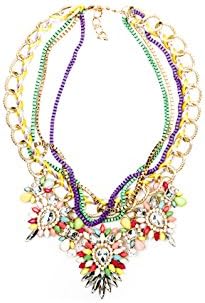 Womens Stainless Steel Fashion Necklace - Tropical Flower Multi Chained PendantWomens Colorful Rhinestone Crystal Costume Jewelry Bib Statement Choker Necklace