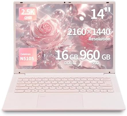 LONGEVINCE BINHENGLON 14,1 pollici portatile Laptop(Pink), Celeron N5105 Processor, 16 GB