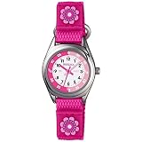 Tikkers Mädchen Quarz-Uhr mit weißem Zifferblatt Analog-Anzeige und Dark Pink Stoff und Leinwand Strap tk0119