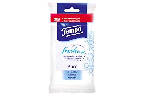 Tempo Feuchttücher fresh to go Pure, erfrischende Reinigungstücher für unterwegs mit frischem Duft, 5 x 10 Tücher (50 Tücher) - 2
