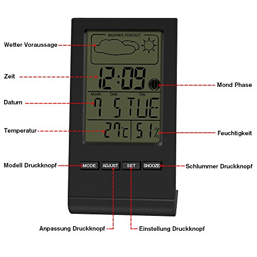 Digital Thermometer Bengoo Thermo-Hygrometer Digital Hygrometer Uhr Wetterstation mit LCD-Anzeige Wecker Kalender Display Alarm schlummerfunktion Wettervoraussage Funktion. - 2