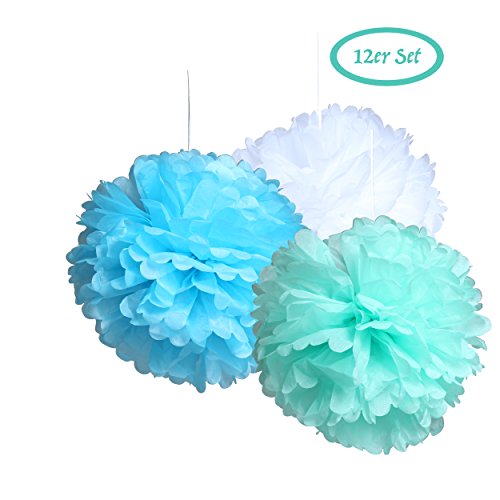 12 Seidenpapier Pompons - Deko Papierblumen in weiß, grün und blau - Pom Poms zur Vintage Dekoration ideal für Ihre Hochzeit, Babyshower (it´s a boy), Kindergeburtstage und sonstigen Feierlichkeiten (pompom)