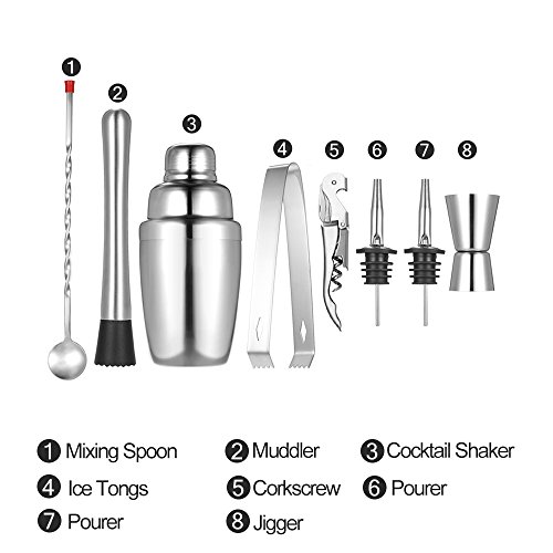 Anself 8tlg Cocktail Set Shaker Bar Mixer Ink. Cocktail Shaker, Messbecher, Barlöffel, Barstößel, Zange, Korkenzieher, 2 Weinausgießer - 2