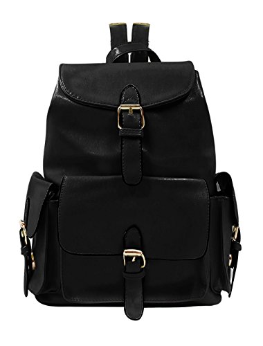 Preisvergleich Produktbild Allegra K Woman Gebogen Zugleine Multi-Taschen Nachahmung Leder Rucksack - Damen, Schwarz, Einheitsgröße