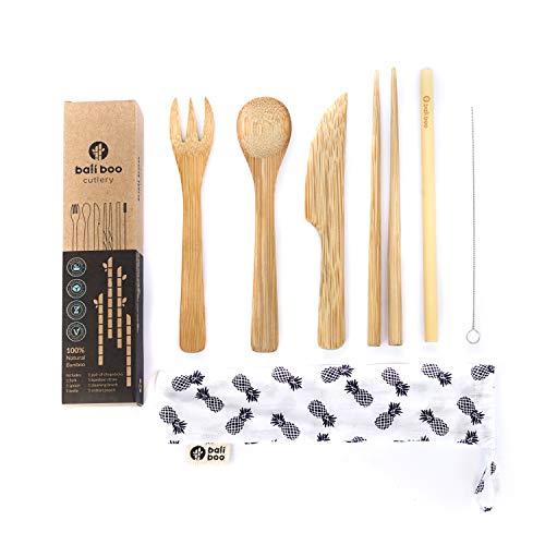 Bali Boo Jeu de Couverts en Bambou Camping & Voyage Zéro Déchets | Set d'Ustensils Couteau Fourchette Cuillère Paille en Bambou avec Brosse et Pochette de Transport (1)