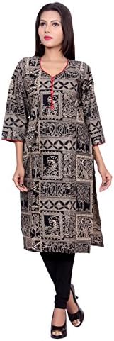 Joypur Trésors's Women Cotton Straight Fit Block Printed Kurti (Black & Beige Combination)