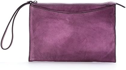 Bvane Ladies flat portable bifold Full-grain Leather Envelope Evening Clutch Party Bag Zipper Closure Handbag Purse Wallet Bag with Hand Strap Purple