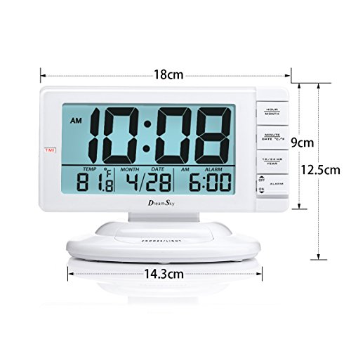 DreamSky Digitalwecker Tischuhr, Uhrzeit, Alarmzeit, Datum, und Temperaturanzeige, laut, ansteigender Weckton, Schlummerfunktion, 5,5 Zoll großes LCD Display mit intelligenter Hintergrundbeleuchtung, Batteriebetrieb, Weiß - 6