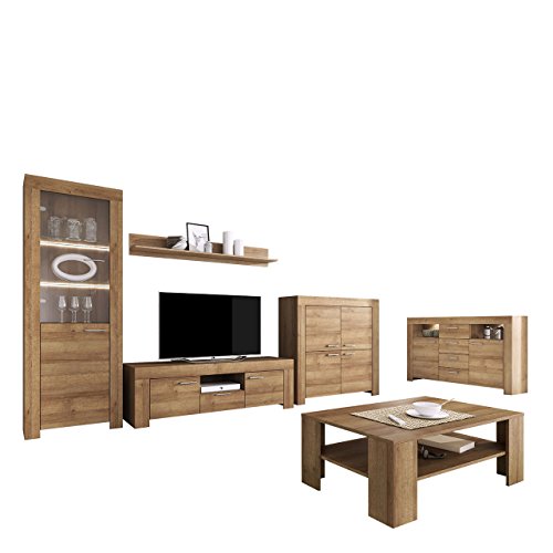 Mirjan24 Wohnzimmer Set Willson I, Wohnzimmer Komplett, Vitrine, TV-Lowboard, Wandregal, Kommode, Couchtisch, Kommode (Riviera Eiche, mit weißer LED Beleuchtung)