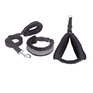 Wildrace Soft Fur and Nylon Black Dog Collar, Harness and Leash Combo Pack for Large Breed Dogs