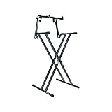 Soporte profesional para teclado de dos tramos con estructura de base doble y sistema de ajuste "SNAP LOCK". Altura mínima: 560 mm. Altura máxima: 970 mm. Profundidad primer tramo: 400 mm. Profundidad otro tramo: 330 mm. Peso: 9.00 kg. Carga máxima: 80 kg.