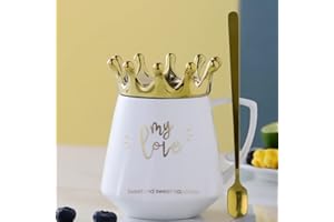 Arawat filiżanka z pokrywką w kształcie korony i z napisem Queen of Everything, uroczy, czarny kubek do kawy, z łyżeczką i podstawką, 350 ml, ceramiczny, dla kobiet, mamy, przyjaciółki