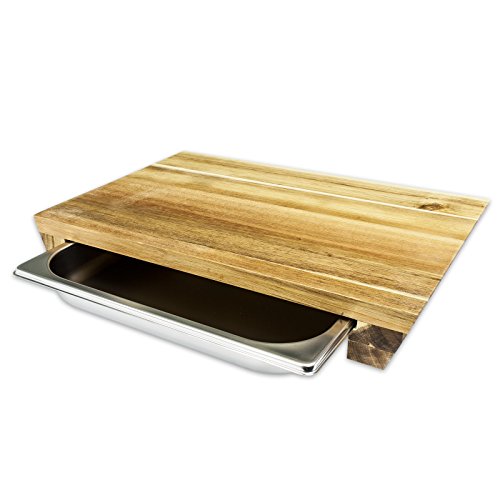 cleenbo Schneidbrett "STYLE acacia" Profi Küchenbrett aus geölter Akazie mit verschiebbarer Gastronorm Edelstahl Auffangschale (GN) 1/2, Board Maße: 420 x 290 x 60 mm