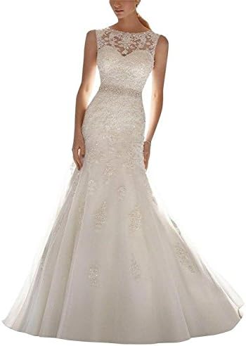 LYDIAGS Women's Scoop Neck Mermaid Lace Wedding Dress with Court Train Ivory UK16