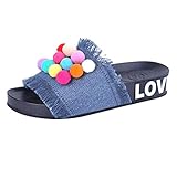 Yvelands Damen Slipper Hausschuhe Handgemachte Denim Farbe Hairball Flache Flip Flops Sandalen Hausschuhe SchuheCN-37Sky Blue