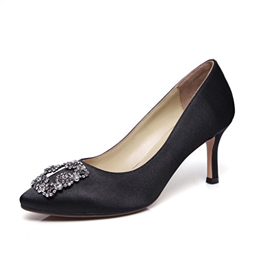 W&LM Scrub High Heels Pointed Shallow Mouth Low Help Shoes Fine with Single Shoes Ballroom Workplace, Black, 38