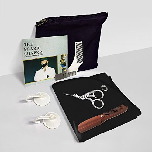 Beard Shaping Tool Kit - Stainless Steel Styling Template + high quality Bib Apron + Foldable Sandalwood Comb + Trimming Scissors +Travel bag (Black)