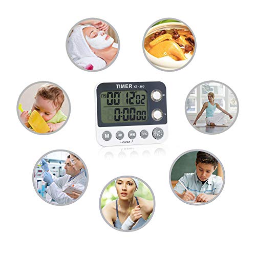XREXS Digitaler Dual Küchentimer, Alarm Einstellbar Volumen Timer, Kochen Timer, Stoppuhr, Große LCD Anzeige Count Up Down Timer für Blinken Meeting Klasse, Magnetische RÜckseite, Batterien Enthalten - 7