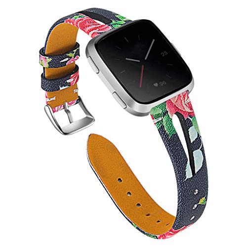 Preisvergleich Produktbild Glowjoy Armband Kompatibel mit Fitbit Versa,Echtes Leder Uhrenarmband Verstellbares Atmungsaktive Lederarmband Schlankes Uhrenarmbänder mit Edelstahl-Verschluss für Mädchen Frauen Herren (H)
