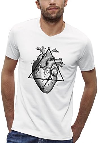 Organic Printed T-shirt V-neck white numbered – My Heart – Mens Sizes S to XXL -  White - XX-Large