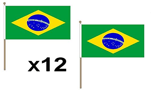 12 Stück (22,9 x 15,2 cm) Brasilien brasilianisches Hand Waving Flaggen aus Holz 30 cm Pole ideal für Party Konferenzen Büro Display