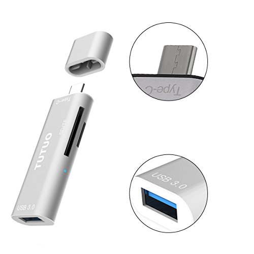 TUTUO USB C Kartenleser SD/ Micro SD (TF) Kartenlesegerät Type C OTG USB 3.0 Adapter Hub für MacBook Pro,Tablets,Google Chromebook Pixel,Huawei P10,Nexus5X / 6P (Silber) - 2