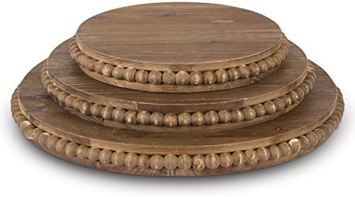 Lone Elm Wood Beaded Pedestal Tray (Set of 3), 16" x 1.5" x 16"