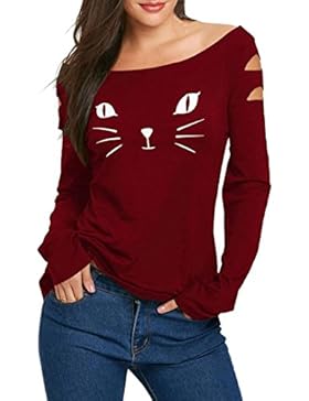 Tops Damen Sommer, Sannysis Frauen Katze Schulterfrei Locker Lässig Langarm Shirt Tops Bluse Tops