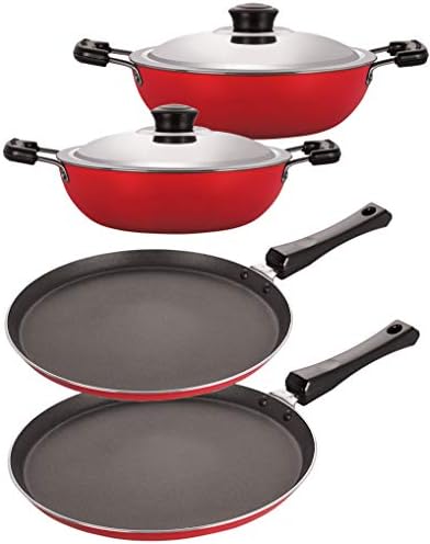 Nirlon Aluminium Cookware Set, 4-Pieces, Red and Black, 2.6mm_FT13_FT12_DKDM_DKDB