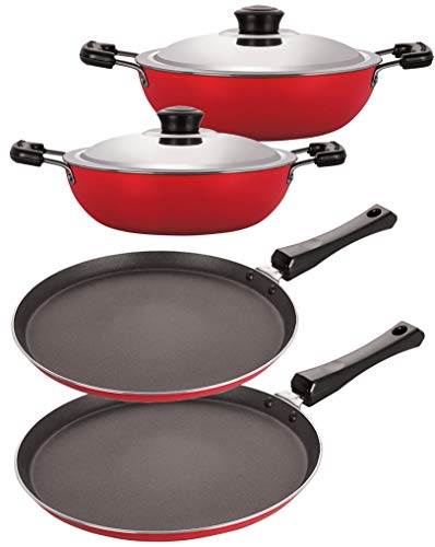 Nirlon Aluminium Cookware Set, 4-Pieces, Red and Black, 2.6mm_FT13_FT12_DKDM_DKDB