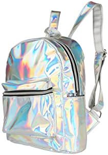 Party4Me Shiny Metallic Holographic Retro Festival Travel Rucksack Backpack Bag (Silver)