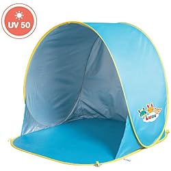 LUDI - Tente de plage avec Protection UV 50. Dès 10 mois. Structure pop-up légère, se plie et se range facilement dans un sac. Dimension : 105 x 90 x 100 cm. Fournie avec 4 fixations au sol. - 2304