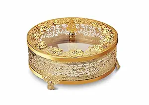 OM K EXPORTS Decorative Round Multi-Utility Container Storage Boxes Pure Gold Cladding with Knob for Dry Fruits, Packing Gift Box for Wedding (Gold)