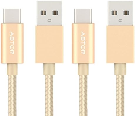 ABTOR USB C Data Sync Cable (2 Pack, 3.3ft/1m), Braided Nylon USB 2.0 to Type C Cable with Reversible Connector for Macbook Pro 2016, New Macbook 12 inch, Google Nexus 5X, Nokia N1 Tablet, Google Pixel, Google Pixel XL, LG G5, ASUS ZenPad S 8.0 and Other USB C Supported Devices (Golden)