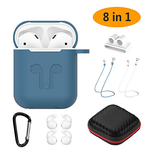 GeeRic Estuche de Auriculares AirPods Compatible con audífonos 8 en 1 para Funda Protectora de Silicona AirPods y Funda de Carga AirPods de Piel Azul Marino