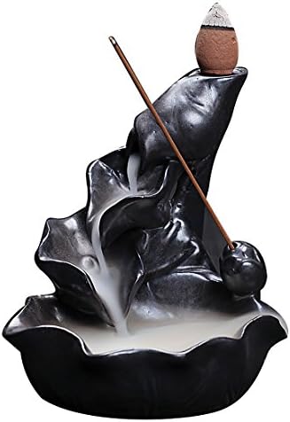 Backflow Incense Burner, Ceramic Glaze Incense Smoke Cone Burner Back flow Censer Tower Holder With 10PCs Backflow Incenses (Black)