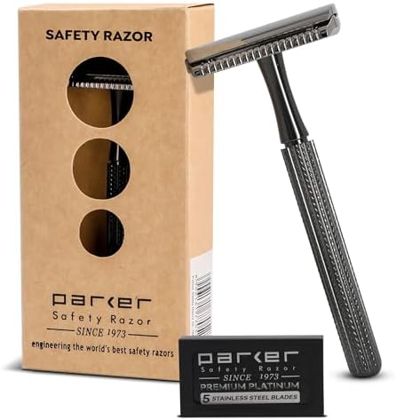 Parker, Rasoio di Sicurezza a Pettine Chiuso in 3 Pezzi Modello 78R con 5 Lame Parker in Platino Incluse, (Grafite/Gun Metal)