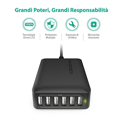 Caricatore USB a Muro 60W 12A con 6 Porte di RAVPower Stazione Ricarica iSmart CompatibilitÃ  Universale Triplo Meccanismo di Protezione - Nero