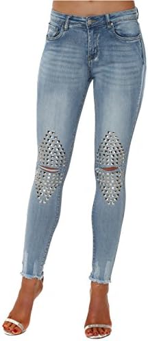 French Boutique Blue Stretch Fit Ripped Studded Knee Jeans UK 8 Blue