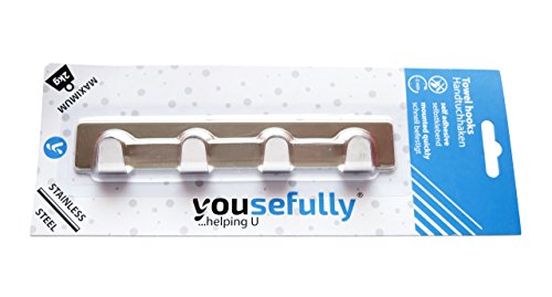yousefully Handtuchhalter selbstklebend ohne Bohren – Leiste mit 4 Handtuchhaken aus Edelstahl – Handtuchleiste „Hängt sie auf“ – Matt – Hakenleiste – 16 x 3 x 2 cm – Schlüsselleiste – Schlüsselhaken - 2