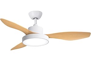 WUUM FLOW DC – Ventilateur de plafond | Grand éclairage LED 24W avec 3 tonalités | Puissant moteur ultra-silencieux, 6 vitesses | Télécommande par commande | Couleur bois-blanc